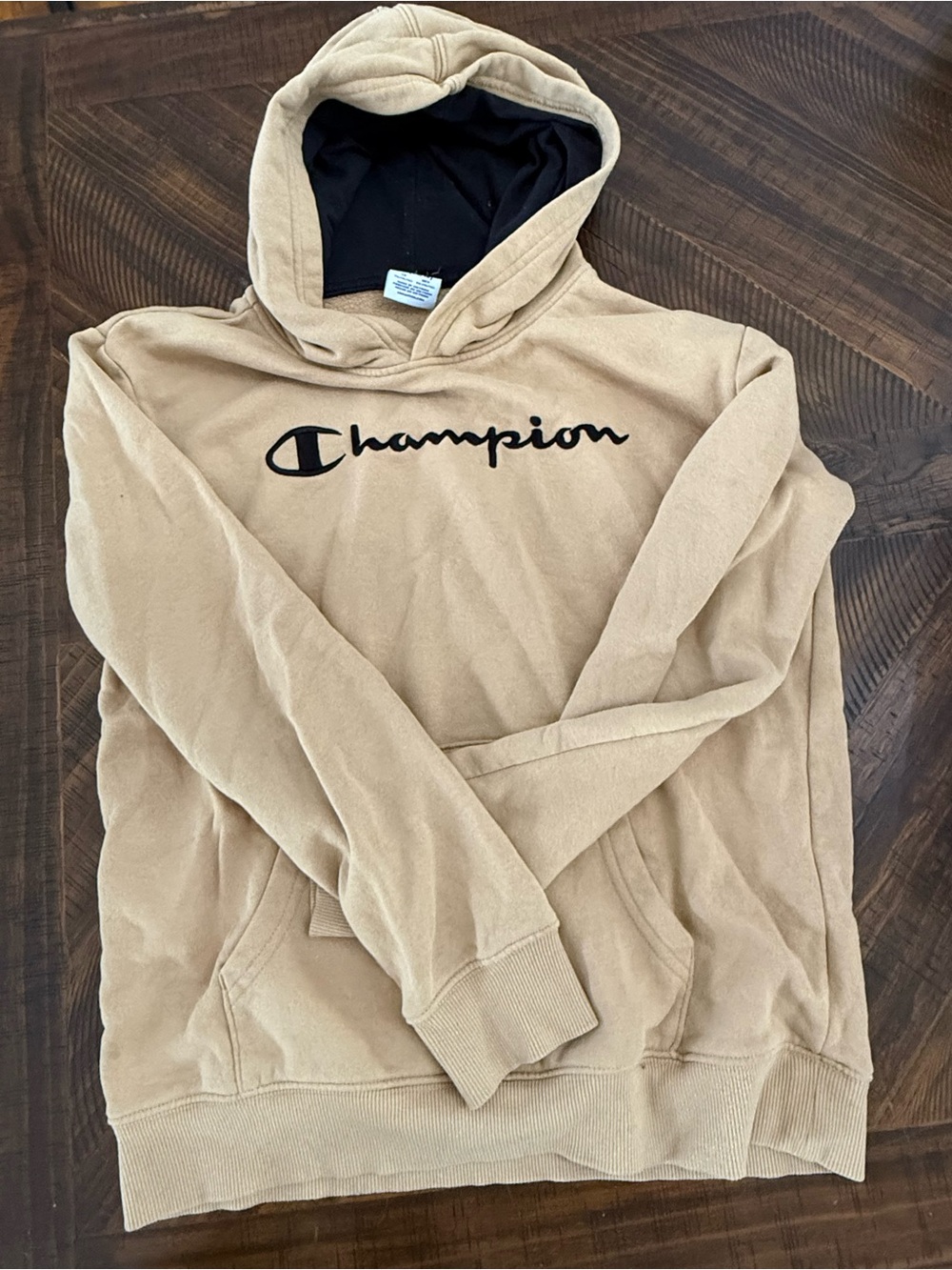Champion Tan Hoodie with Black Script Logo